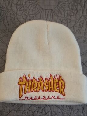 Thrasher White Beanie with Yellow and Red Flame Logo